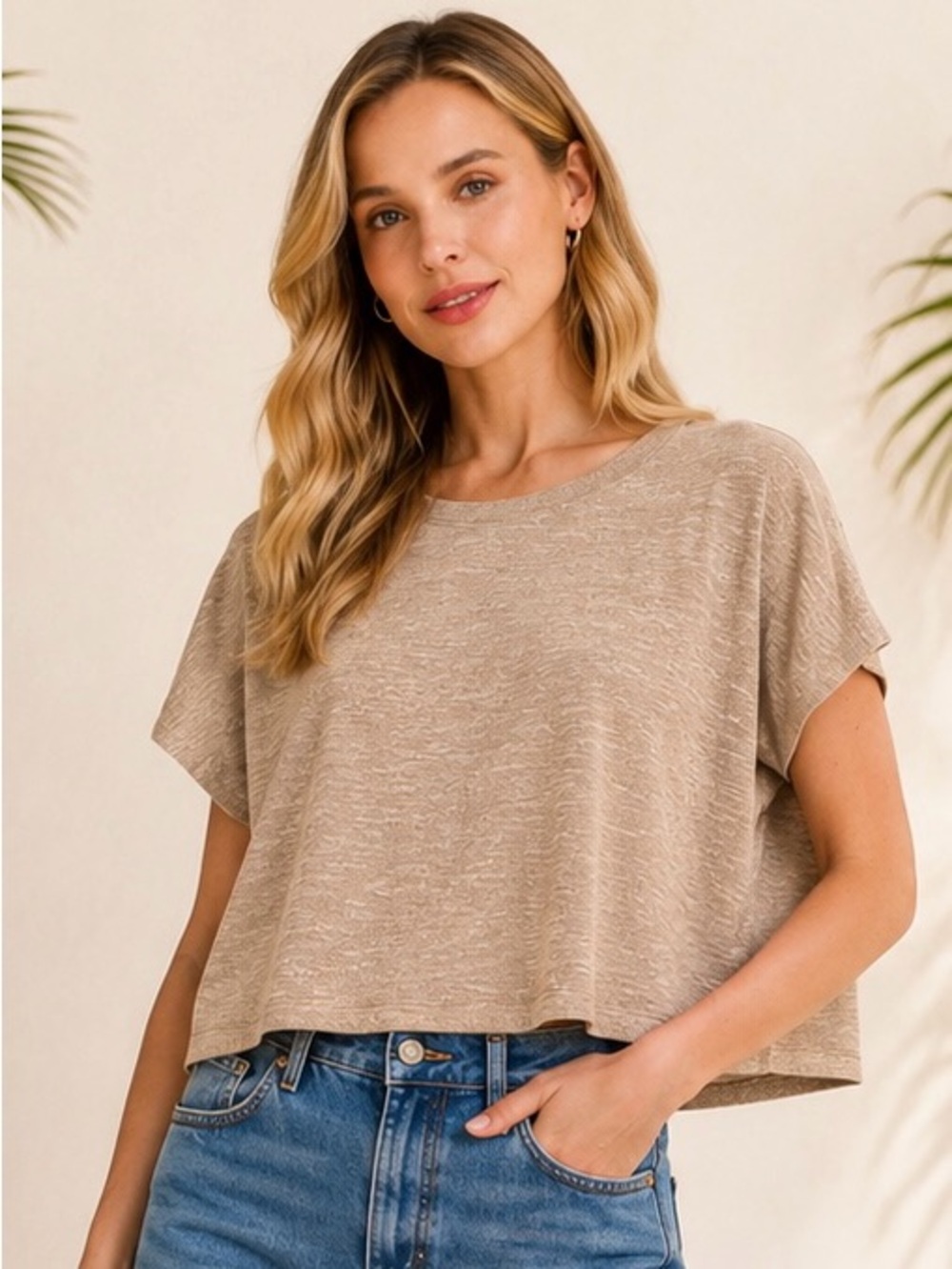 New Zenana Camel Short Sleeve Knit Sweater Crop Top Size M